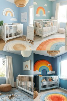 this is a baby's room with rainbows on the walls and rugs