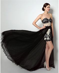 Black Evening Dress With Detachable Train, Black Prom Dress With Long Train, Black Long Train Dress For Prom, Black Dress With Long Train For Prom, Black Dress With Long Train For Prom Season, Fitted Black Dress With Detachable Train, Black Party Dress With Detachable Train, Black Fitted Prom Skirt, Black Formal Dress With Detachable Train