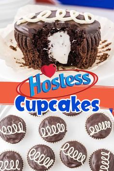 chocolate cupcakes with frosting and the word hostess cut in half on a plate