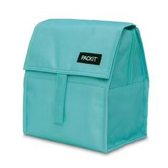 the back pack in aqua blue has a black patch on it and is open to reveal its contents