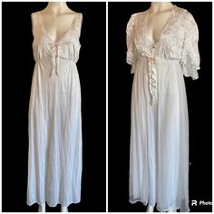 In Excellent Condition. Dreamy Vintage Nightgown & Peignoir Set. White Ros Pattern Satin Top And Sheer Bottoms. Big Puff Sleeves With Lace Trim On Robe. 100% Nylon. Measurements- 16.5” Pit To Pit 11.5-16” Unstretched To Stretched Elastic Under Bust. 54” Top Of Shoulder To Hem Flowy Nightgown For Wedding Night, Elegant Flowy Sleepwear For Loungewear, Flowy White Nightgown For Loungewear, Empire Waist Lace Trim Nightgown For Wedding Night, Elegant Empire Waist Lace Trim Nightgown For Wedding Night, Elegant Lace Trim Empire Waist Nightgown For Wedding Night, Wedding Night Nightgown With Lace Trim And Empire Waist, Wedding Night Lace Trim Empire Waist Nightgown, Feminine Flowy Sleepwear