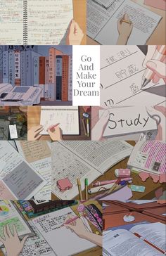 collage of books and papers with writing on them