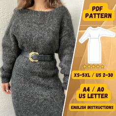 a woman wearing a gray sweater dress and black belt with text overlay that reads,'free pattern x - xx - xx / us - usa - ao us - to use english instructions '