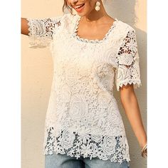 Season:Summer; Fabric:Polyester; Sleeve Length:Short Sleeve; Gender:Women's; Style:Stylish,Elegant; Tops Type:Blouse; Occasion:Daily; Pattern:Solid Color; Design:Lace; Neckline:Square Neck; Brand:Shall We; Front page:FF; Listing Date:04/08/2024; Bust:null; Length:null; Shoulder Width:null; Fit US Size:null; Fit UK Size:null; Fit EU Size:null Summer Stretch Blouse In Solid Color, Feminine Solid Color Blouse For Summer, Casual Summer Blouse With Lace Patchwork, Feminine Solid Color Summer Blouse, Elegant Summer Lace Top For Vacation, Elegant Lace Top For Summer Vacation, Summer Lace Patchwork Short Sleeve Top, Summer Hollow Out Short Sleeve Tops, Hollow Out Short Sleeve Summer Tops