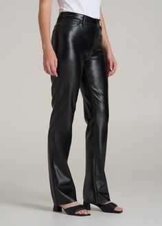 Faux Leather Pants for Tall Ladies Look Sleek and Sophisticated Turn heads and stand out in our Faux Leather Straight Leg Women's Tall Pants, made for the tall woman with a flair for drama. These pants combine a polished look with practical features like a functional button, fly zipper, and five pockets. The straight leg design enhances your longer silhouette, making these tall women's pants perfect for a bold day at the office or a night out on the town.• Sleek faux leather for a chic, polished Sleek Wide Leg Evening Pants, Sleek Wide Leg Pants For Evening, Wide Leg Faux Leather Pants For Date Night, Date Night Wide Leg Faux Leather Pants, Elegant Flared Leather Pants, Sleek Flare Pants For Fall, Elegant Flare Leather Pants, Elegant Flare Leather Pants For Fall, Sleek Faux Leather Pants For Date Night