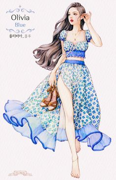 a drawing of a woman in a blue dress with long hair and purse on her shoulder