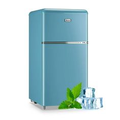 a blue refrigerator with ice cubes and mint leaves on the front, against a white background