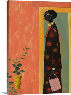 a painting of a woman standing next to a potted plant and holding a purse