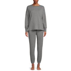 Add to your loungewear lineup with Secret Treasures 2-Piece Sleep Set. Complete with a long sleeve tee and matching cuff pants in warm, French terry fleece, this set is perfect to cuddle up in on cool nights. Size: "XS".  Color: Gray.  Gender: female.  Age Group: adult. Cuff Pants, Warm Pajamas, Pajamas For Women, Walmart Deals, Cuffed Pants, Sleep Set, Shopping Day, Who What Wear, Pajamas Women