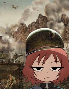 an anime character with red hair wearing a helmet and looking at something in the distance