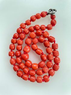 Antique Rare Victorian Orange Salmon Red Coral Corallium Rubrum Chunky Barrel Bead Necklace cca 1880 16.5" 22g This is a very nice, rare Victorian necklace of carved, barrel shaped, chunky coral beads. The beads measure from approx the largest at 8mm x 6mm and down to approx 5mm x 4mm. They would be hand carved, as they are not uniform in size and shape. The condition of the necklace is very good antique with some natural flaws, as coral is organic and it is not perfect. It weighs approx 22g, he Morgan Brown, Salmon Red, Orange Salmon, Victorian Necklace, Old Rings, Coral Beads, Red Coral, Bead Necklace, Chain Styles