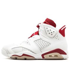 The Air Jordan 6 Retro is a classic sneaker with a modern twist. This 2017 retro features a white and light grey perforated nubuck leather base, with "Gym Red" accents throughout. The shoe also includes 1991 stitched on the inner tongue, and Jumpman branding on the tongue, lace overlay, and heel section. This sneaker is perfect for anyone who wants a stylish, comfortable, and versatile sneaker. With its clean lines and simple colorway, the Air Jordan 6 Retro can be worn with any outfit. (AJ6/SNKR) Air Jordan 6 Retro, Jordan 6 Retro, Air Jordan 6, Jordan 6, Classic Sneakers, Red Accents, Nubuck Leather, Lace Overlay, Clean Lines