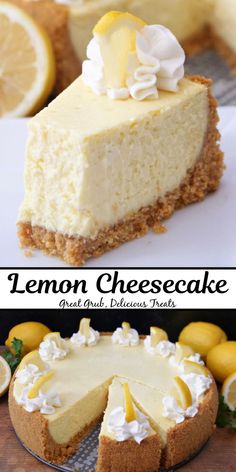 A double collage photo of lemon cheesecake with dollops of whipped cream and lemon slices around the top edge. Cheese Cakes Recipes Classic, Lemon Cream Cheesecake, Popular Cheesecake Recipes, Lemon Pies, Mini Lemon Cheesecakes, Apple Crisps, Baking Challenge, Dream Dessert