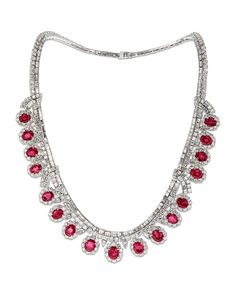 Seventeen untreated Burma rubies totaling 28.98 carats display the perfect “pigeon blood” red hue in this beautiful necklace. Certified by GemResearch SwissLab as untreated Burma rubies, these oval brilliant-cut jewels are perfectly complemented by diamond accents totaling 35.94 carats. Set in platinum. Burmese rubies are counted among the rarest of all gemstones. For centuries, Burma has been associated with the world’s finest rubies, though by edict of the King himself, the finest stones were Bulgari Jewelry, Unusual Facts, Burmese Ruby, Carat Seventeen, Jewelry For Sale, Ruby Necklace, Expensive Jewelry, Ruby Stone, Blood Red