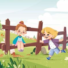 two children are playing in the grass behind a fence with a wooden post on it