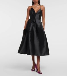 Pleated Silk Faille Midi Dress in Black - Alex Perry | Mytheresa A-line Satin Dress With Lined Bodice, Satin A-line Dress With Lined Bodice, Satin A-line Dress For Formal Occasions, Silk A-line Dress With Fitted Bodice, Dressy Satin A-line Dress, Silk A-line Midi Dress For Dinner, Formal A-line Tea Length Dress With Pleated Bodice, Chic A-line Satin Cocktail Dress, Elegant Taffeta Midi Evening Dress