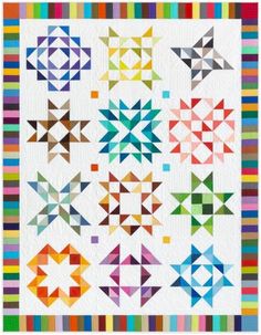 a colorful quilt with many different shapes and sizes on the front, along with an image of