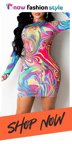 Colour Fashion Sexy Print Basic Half A Turtleneck Long Sleeve Dresses Multi Color Dress, Colour Fashion, Party Dress Classy, Long Sleeve Turtleneck Dress, Pencil Skirt Dress, Turtleneck Long Sleeve, Long Sleeve Dresses, Sleeve Bodycon Dress, Fall Party