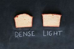 two slices of bread with the words dense light written on them in white chalk