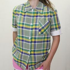 Vintage 70s Blouse! Button up plaid short cuffed sleeve tee! Classic versatile piece. fits approx. a women's L  has some lightened spots (photographed) Bust & Waist: 42" yellow and green plaid BD 4.5 oz. 70s Plaid, 70s Blouse, Satin Cocktail Dress, Cuffed Sleeve, Bolero Jacket, Plaid Shorts, Yellow And Green, Green Plaid, Cuff Sleeves