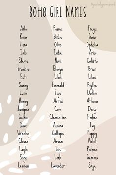 Boho chic earthy unique girl names for your little wildflower 🌻 #girlnames #babynames #boho #bohonames #earthy #uniquenames #unique #chic #travel #adventure #camping #spring #outdoors #nature #pregnant #expecting #girlmom #popular #explore #fashion #cooking #diy #names #nameideas #girlmom #newmom #babyshower #photography #nursery #girlnursery #bohonursery Nature Names Girl, Cottage Core Names, Wildflower Names, Spring Names, Boho Girl Names, Boho Baby Names, Earthy Girl Names, Boho Names