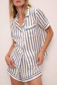 Inez Washable Silk Printed Short PJ Set – Eberjey Classic Summer Sleepwear For Loungewear, Classic Summer Sleepwear, Classic Fitted Sleepwear For Loungewear, Classic Relaxed Fit Loungewear Sets, Elegant Relaxed Fit Tops For Pajama Party, Classic Relaxed Fit Sets For Home, Classic Relaxed Fit Home Sets, Classic White Sleepwear For Pajama Party, Elegant Short Sleeve Relaxed Fit Sleepwear