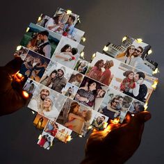 a person holding up a heart shaped photo collage with lights on it's sides