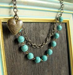 Turquoise Jewelry Bib Necklace with Locket    by TheBrassHussy, $28.00 Vintage Jewelry With Heart Beads And Dangle Shape, Vintage Dangle Heart Beads Jewelry, Vintage Dangle Jewelry With Heart Beads, Bohemian Heart Jewelry With Lobster Clasp, Bohemian Heart Shaped Jewelry With Lobster Clasp, Bohemian Necklaces With Heart Charm And Round Beads, Bohemian Heart-shaped Beaded Jewelry, Vintage Heart Bead Pendant Jewelry, Blue Bohemian Jewelry With Locket