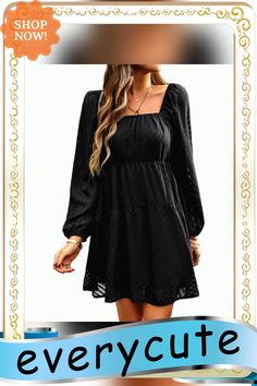 Black Square Neck Jacquard Chiffon Long Sleeve Dress Elegant Black Mini Chiffon Dress, Elegant Black Chiffon Mini Dress, Elegant Black Mini Length Chiffon Dress, Black Fitted Long Sleeve Chiffon Dress, Black Fitted Chiffon Dress With Long Sleeves, Spring Black Chiffon Mini Dress, Black Long Sleeve Chiffon Dress For Fall, Black Chiffon Dress For Fall, Elegant Black Long Sleeve Chiffon Dress