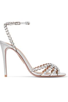 Aquazzura - Tequila 105 Crystal-embellished Metallic Leather Sandals - Silver Crystal Embellished Open Heel Sandals For Gala, Glamorous Embellished Sandals With Single Toe Strap, Luxury Fitted Sandals For Night Out, Cocktail Sandals With Heel Strap For Party Season, Cocktail Party Heel Strap Sandals, Cocktail Party Sandals With Heel Strap, Chic Open Heel Sandals For Party Season, Glamorous Sandals With Heel Loop For Gala, Party Season Sandals With Padded Heel For Night Out