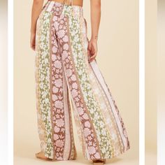 Multi Colored Tropical Flowy Pants Bohemian Style Cream Bottoms With Elastic Waistband, Cream Bohemian Pants For Spring, Bohemian Cream Beach Bottoms, Bohemian Cream Bottoms For Beach, Cream Bohemian Bottoms For Vacation, Bohemian Cream Bottoms For Vacation, Beige Full-length Beach Bottoms, Bohemian Beige Bottoms For Vacation, Beige Bohemian Bottoms For Vacation