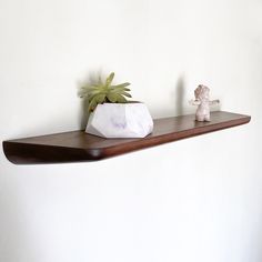 a shelf that has some plants on it and two small figurines next to it