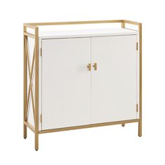 a white and gold cabinet with two doors on the front, and one door open