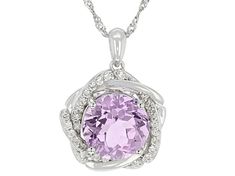 5.27ct Round Orchid Amethyst and 0.74ctw Round White Zircon Rhodium Over Silver Pendant With Chain. Measures Approximately 0.99"L X 0.75"W. 3mm bail. Lavender Fine Jewelry With Diamond Accents, Fine Jewelry Amethyst With Diamond Accents, Lavender Amethyst Jewelry With Diamond Accents, Dazzling Purple Jewelry With Diamond Accents, White Gold Amethyst Jewelry With Diamond Accents, Elegant Lavender Jewelry With Center Stone, Amethyst Pendant With Diamond Accents, Amethyst Pendant Jewelry With Diamond Accents, Dazzling Purple Jewelry With Gemstone Accents