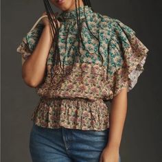 Anthropologie Let Me Be High Neck Printed Peasant Blouse Nwot Size Xxs & Large Cotton Button Back Imported Bohemian Cotton Blouse For Layering, Spring Floral Print Blouse For Gatherings, Floral Print Blouse For Spring Gatherings, Bohemian Summer Tops For Gatherings, Casual Spring Tops For Gatherings, Feminine Summer Tops For Gatherings, Feminine Tops For Summer Gatherings, Fall Peasant Blouse With Short Sleeves, Spring Ruffled Tops For Gatherings