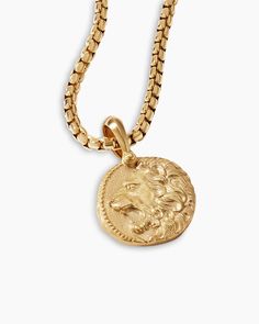 Leo Amulet in 18K Yellow Gold Luxury Tarnish Resistant Coin Jewelry, Luxury Tarnish-resistant Medallion Jewelry, Luxury Yellow Gold Coin Pendant Jewelry, Luxury Yellow Gold Jewelry With Coin Pendant, 14k Gold Medallion With Box Chain, Classic Medallion Jewelry With Box Chain, Lion Symbol, Gold Amulet, Pendants For Men