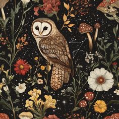 an owl sitting on top of a lush green field next to mushrooms and flowers with stars in the sky