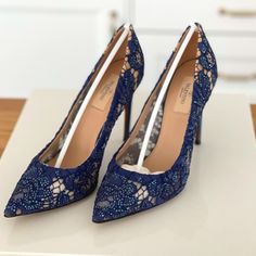 Valentino Garavani Blue Crystal Rhinestone Lace Heels // Size 39.5 // Pointed Toe // Single Sole // 4" Satin Covered Heel // Made In Italy // Truly Stunning // Worn Once (For 15') So Bottoms Show General Minimal Wear. I Also Wanted To Note One Shoe's Pointed Toe Tip Is More "Bare" Than The Other Shoe's Pointed Toe Tip. This Is How They Were Purchased And Due To The Intricate Design. In Excellent Like-New Condition // Guaranteed Authentic // Retailed For $1695 Embellished Lace Heels For Party, Lace Embellished Heels For Party, Designer Blue Heels For Wedding, Embellished Blue Heels For Gala, Blue Embellished Heels For Gala, Blue Embellished Heels For Special Events, Blue Embellished Heels For Cocktail, Elegant Blue Heels With Rhinestones, Luxury Blue Heels With Rhinestones