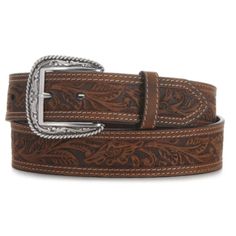 Men's Double Stitch Floral Embossed Western Belt by M&F A1012402 Enjoy comfort, style and durability from this Mens Ariat belt by M&F  Western Products . This stylish belt features beautiful tooling on a  rich brown strap that measures 1-1/2" wide. Stylish western look for  dress up or your favorite jeans. Removable silver buckle.    Floral Stamped Leather Strap Contrasting White Stitching Finely Detailed Silver Buckle with Rope Edge Removable Buckle   Cowtown Cowboy Outfitters is a family-owned Ariat Belts, Boys Cowboy Boots, Girl Cowboy Boots, Cowboy Boots Square Toe, Twisted X Boots, Stamped Leather, Concho Belt, Western Belt, Double Stitch