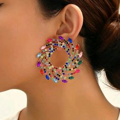 This Beautiful Earring Promises Carefree And Comfortable Wearing. Its Design Aims To Stand Out From The Crowd. This Earring Is Truly A Beautiful Thing That Deserves A Place In Every Jewelry Collection. Earrings Are Symbols Of An Eternal Love And Attachment And Prosperity. Style: Bohemia Gender: Women Material: Crystal Elegant Multicolor Hoop Earrings For Party, Multicolor Metal Earrings For Party, Multicolor Metal Crystal Earrings For Party, Trendy Multicolor Crystal Earrings, Multicolor Metal Hoop Earrings For Party, Eye-catching Multicolor Party Earrings, Party Multicolor Metal Hoop Earrings, Trendy Multicolor Crystal Earrings For Gift, Trendy Multicolor Crystal Earrings As Gift