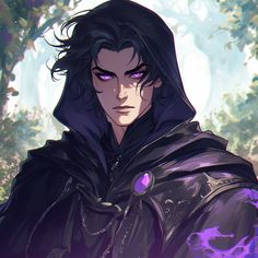 an anime character with black hair and purple eyes wearing a hooded jacket in front of trees