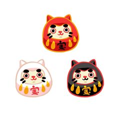 three cartoon cats with chinese characters on them, one is white and the other is red