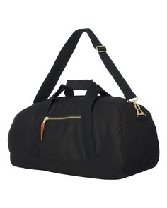 a black duffel bag with gold zippers