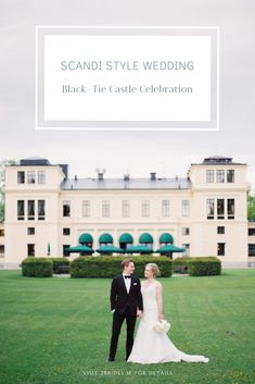 a bride and groom standing in front of a large building with the words sandi style wedding black tie castle celebration