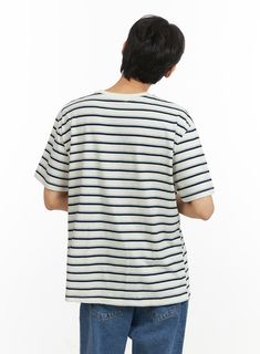 Product Detail Style : Casual Occasion : Back to school Type : Men, TShirts Print : Stripe Material : Cotton Sleeve : Short sleeve Neck : Round neck Length : Regular Fit : Loose fit Cotton100 Color : White, Dark blue Made in Korea Model Size Model is wearing size M/L and the color White. Height : 6'0" | 184cm / Top : L / Bottom : XL (32 inch) .prddescription table, .prddescription td, .prddescription th { border : 1px solid black; border-collapse : collapse; padding: 10px; } Size(Inch) Size Shou Casual Striped Crew Neck Shirt, Striped Cotton Shirt For Streetwear, Casual Cotton Crew Neck Shirt, Casual Striped Short Sleeve T-shirt, Casual Striped Crew Neck T-shirt, Striped Cotton Crew Neck Shirt, Casual Striped Cotton Shirt, Low Rise Jeans Bootcut, Mens Stripes