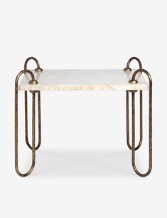 a marble and metal table with two handles on each side, against a white background