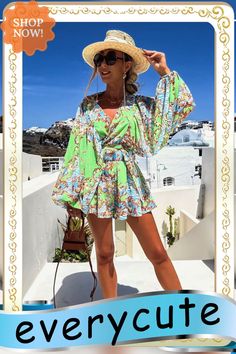 Summer Boho 2 Piece Set Suits Women Fashion V-neck Lantern Sleeve Print Set Tops and Shorts Outfits Beach Holiday Spring Suit Green V-neck Jumpsuits And Rompers For Beach Season, Green V-neck Beach Sets, Summer V-neck Jumpsuits And Rompers For Vacation, Casual V-neck Summer Set, Bohemian V-neck Sets For Spring, Summer Long Sleeve Jumpsuits And Rompers For Vacation, Spring Long Sleeve Jumpsuits And Rompers For Vacation, Green V-neck Swimwear For Summer, V-neck Sets For Spring Brunch