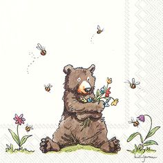 a drawing of a bear with flowers in his hands and bees flying around him on the ground