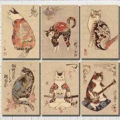 four pictures of cats with different designs on them, one has a guitar and the other is