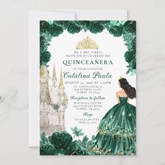 an elegant quinceauera birthday party with green and gold foil on the front